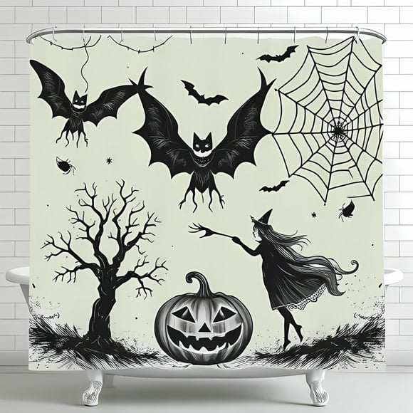 Whimsical Halloween Shower Curtain Black & White Bats Witch & Spiderweb Design Enchanting Bathroom Decor
