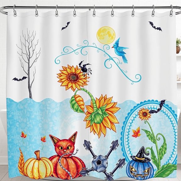 Whimsical Halloween Shower Curtain - Cartoon Cat Pumpkins Sunflowers Bats & Fall Leaves - Vibrant Colors