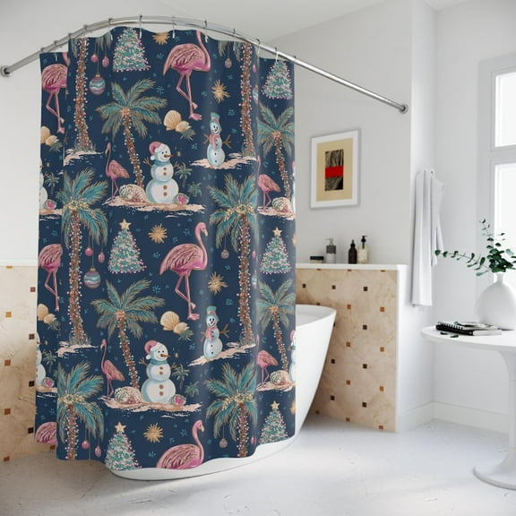 Tropical Christmas Shower Curtain Flamingos, Palm Trees, Snowmen Fall Home Decor Bathroom Accessory Seasonal Decoration 60x72in