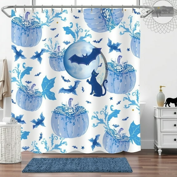 Whimsical Halloween Shower Curtain - Light Blue Pumpkins, Bats & Black Cat Design - Pastel Spooky Decor