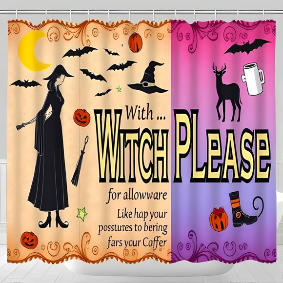 Whimsical Halloween Shower Curtain - Stylish Witch Bats Pumpkins & " WITCH PLEASE " Design - Fun & Colorful Bathroom Decor