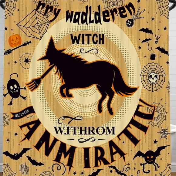 Whimsical Halloween Shower Curtain - Witch Moon Bats & Pumpkins - Festive Bathroom Decor