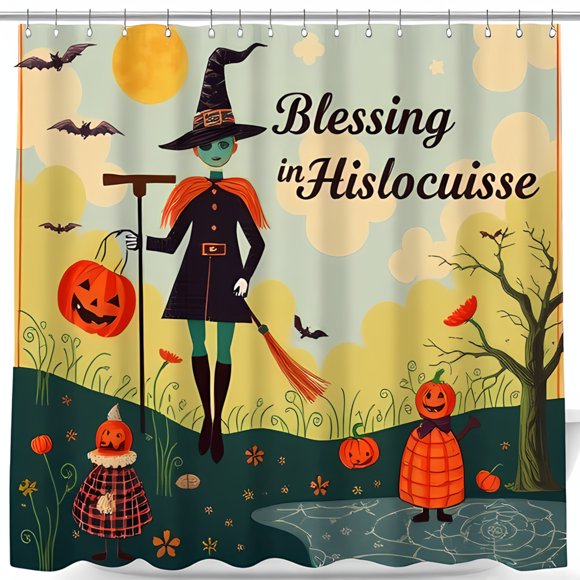 Whimsical Halloween Shower Curtain - Witch Pumpkins Bats & Festive Colors - Enchanting Bathroom Decor