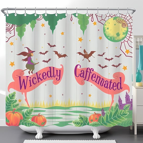 Whimsical Halloween Shower Curtain - Witch on Broomstick Green Moon Bats Castle & 'Wickedly Caffeinated' Design - Colorful & Festive Bathroom Decor