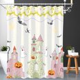 thumbnail image 1 of Whimsical Halloween Shower Curtain with Pink Turrets Castle Smiling Ghost Lanterns & Bats - Fun Bathroom Decor, 1 of 5
