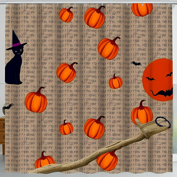 Whimsical Halloween Shower Curtain with Pumpkins Black Cat Broom & Spooky Script Festive Bathroom Decor