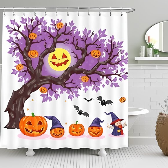 Whimsical Halloween Shower Curtain with Purple Tree Lanterns & Friendly Witch - Festive Bathroom Decor