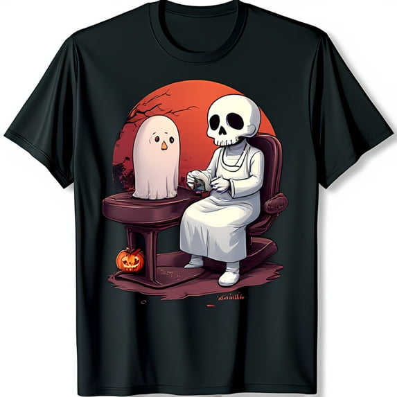 Whimsical Halloween Skeleton & Ghost Tea Party Black T-Shirt with Pumpkin