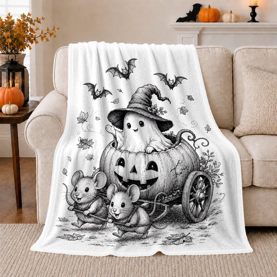 Whimsical Halloween Sketch Of Ghost Pumpkin Carriage, Festive Halloween Scene, Warm Flannel Blanket for Living Room and Family Room, Art Lovers Halloween Gift, Festive Home Decor