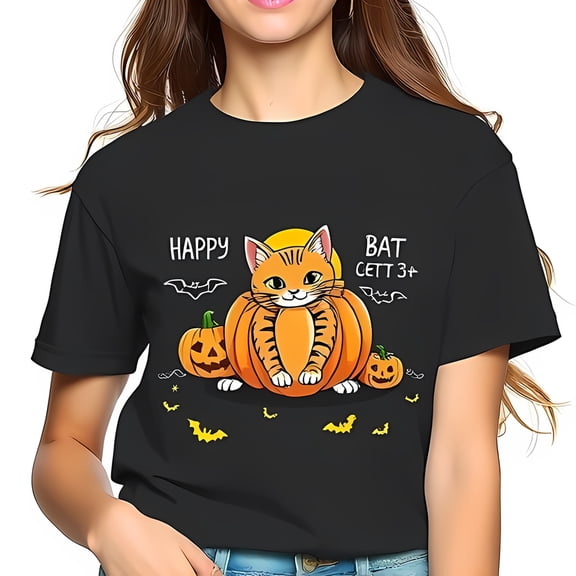 Whimsical Halloween T-Shirt with Orange Tabby Cat in Pumpkin Design - Oversized Black Tee