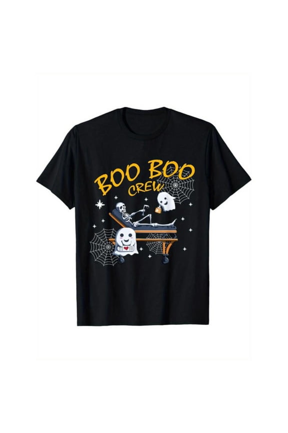 Whimsical Halloween - Themed Printed Tee,Tops Features "BOO BOO CREW" Text with Skeleton & Ghost Illustrations, Round Neck Regular Fit T - shirts, Size(S - 5XL)