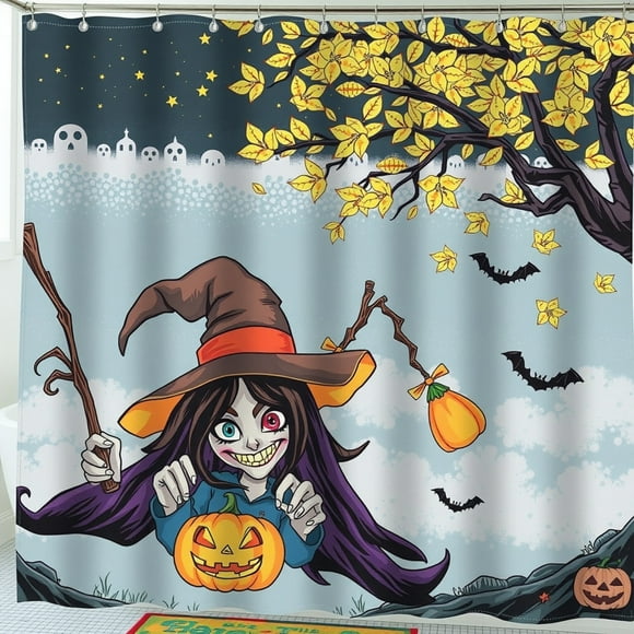 Whimsical Halloween Witch Shower Curtain - Purple Hair Spooky Decor for Bathroom