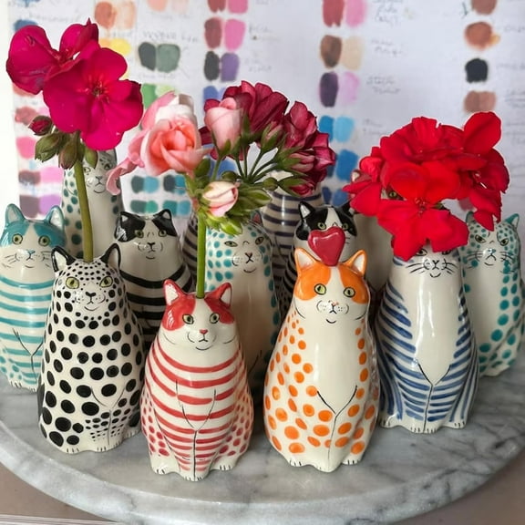 Whimsical Hand-Painted Cat Vase Collection, Whimsical Handmade Polka Dot Cat Vase Flower, Funny Flower Vases Unique Handmade Tiny Animal Vases for Home Decor (5pcs)