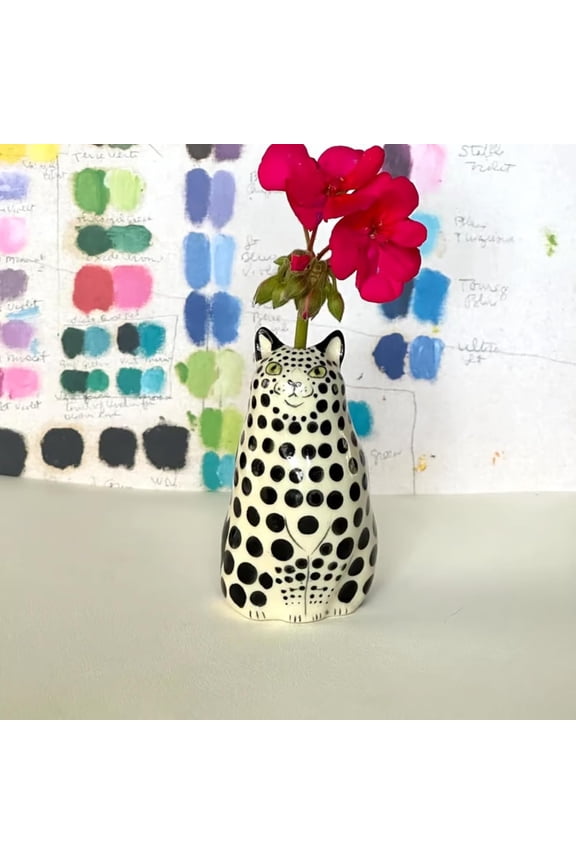 Whimsical Hand-Painted Cat Vase Collection, Whimsical Handmade Polka Dot Cat Vase Flower, Funny Flower Vases Unique Handmade Tiny Animal Vases for Home Decor (Black)