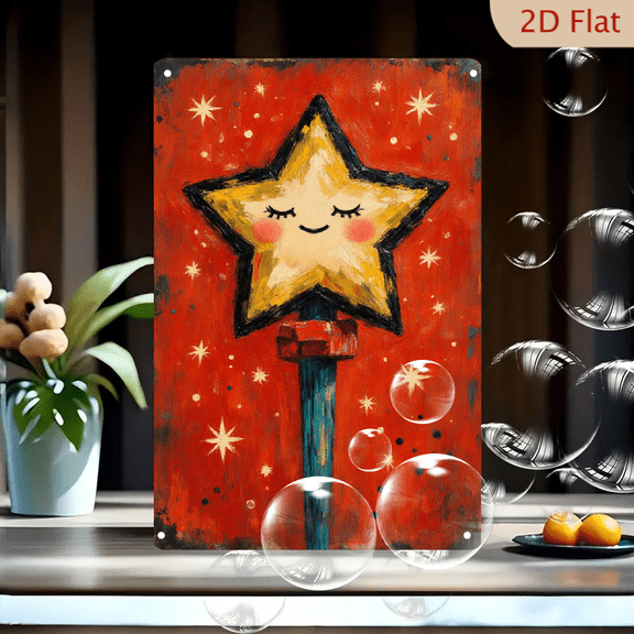 Whimsical Hand-Painted Star on Blue Pole, 8x12 Inch Metal Wall Art, Yellow Gold Face with Red Night Sky Background, Rustic Canvas Style Decor for Kids Room