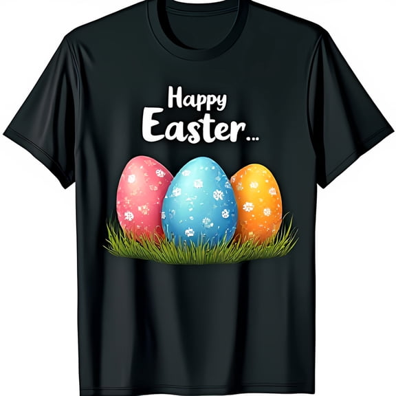 Whimsical Happy Easter T-Shirt with Colorful Eggs & Grass Design Black Tee