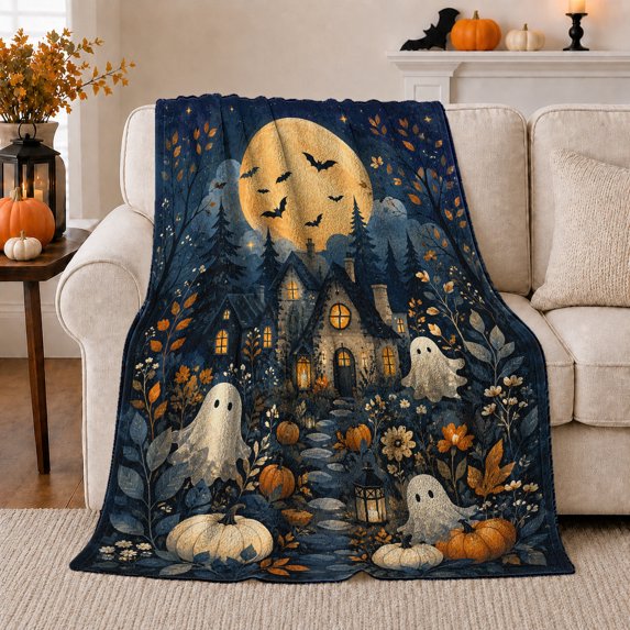Whimsical Haunted House, Festive Halloween Scene, Warm Flannel Blanket for Cabin and Lodge with Detailed Artwork with Rich Color Accents, Art Lovers Halloween Gift, Festive Home Decor