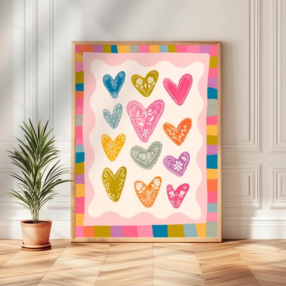 Whimsical Heart Print Colorful Patchwork Border Home Decor Office Wall Art