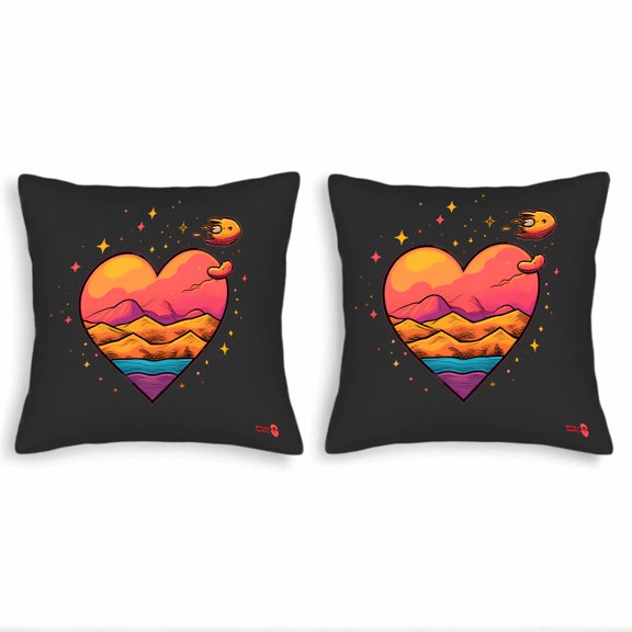 Whimsical Heart-Shaped Landscape Throw Pillow Covers - Set of 2 18x18in Colorful Mountains & Celestial Design for Couch Bed Car