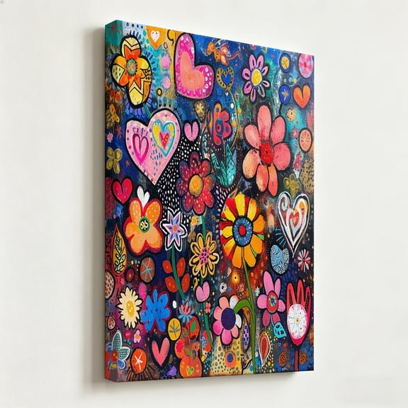"Whimsical Hearts and Blooms" Saturated Pop Art Canvas Print, Colorful Abstract Floral Painting, Matte Finish Gallery Wrapped Vibrant Wall Decor 8*12