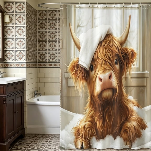 Whimsical Highland Cow Bathtub Shower Curtain, Funny Farm Animal Christmas Holiday Home Bathroom Decor