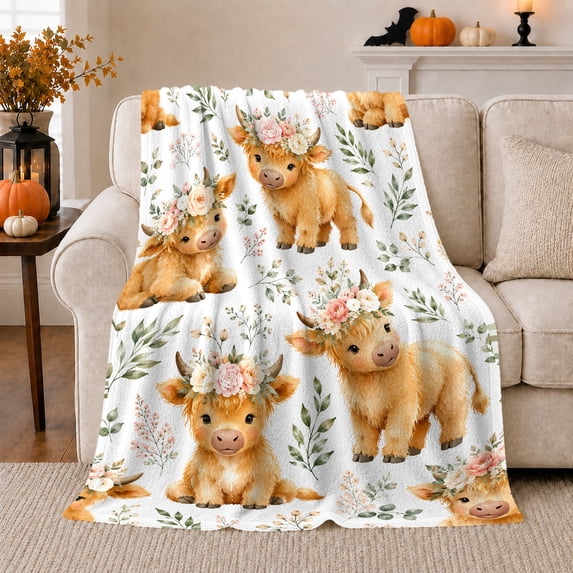 Whimsical Highland Cow Calves Floral, Cozy Botanical Garden Scene, Warm Flannel Blanket for Ranch House and Living Room, Animal Lovers Birthday Gift, Botanical Home Decor