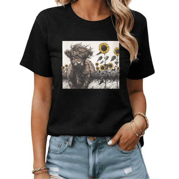 Whimsical Highland Cow & Sunflower Graphic Tees Womans T shirt Black/White S-5XL Shirts Country Nature Tops