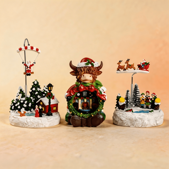 3PCS Whimsical Animated Tabletop Ornaments Highland Cow Village Scene Decor with Moving Features Year-Round