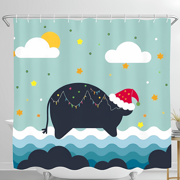 Whimsical Hippo Christmas Shower Curtain - Festive Santa Hat & Lights Ocean Scene Cheerful Bathroom Decor