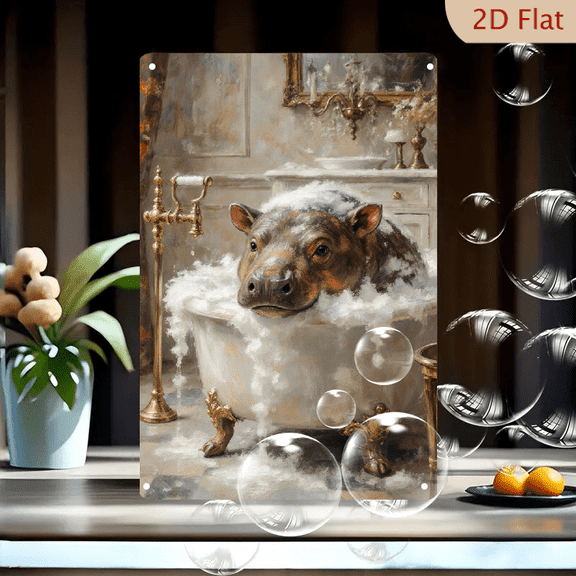 Whimsical Hippo in Luxury Bathtub 8x12inches Vintage Bathroom Metal Wall Art, Cream Gold Clawfoot Tub with Bubbles, Surreal Home Decor for Living Room