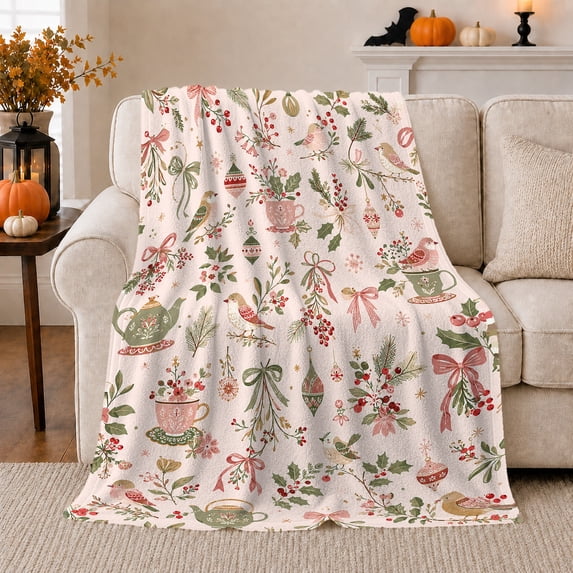 Whimsical Holiday Birds Teacup Pattern White Festive Illustrative, Festive Holiday Scene, Warm Flannel Blanket for Living Room and Reading Nook, Art Lovers Housewarming Gift, Festive Home Decor