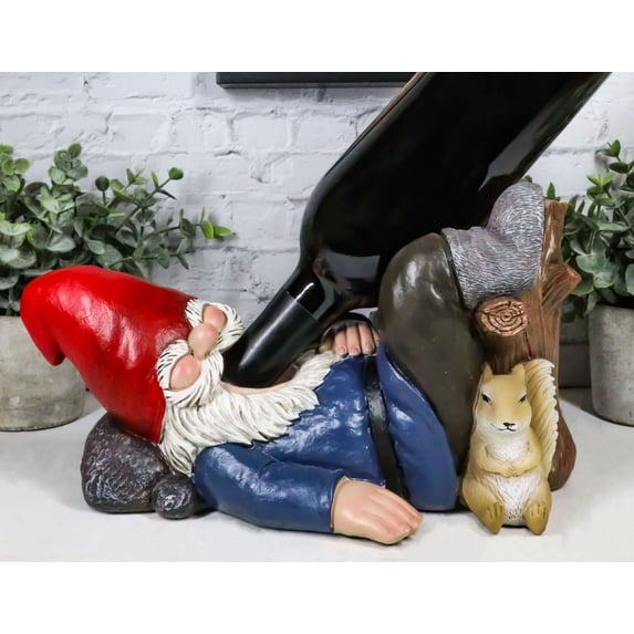 Whimsical Holiday Tipsy Drunk Garden Gnome Sleeping Near Squirrel Wine Holder