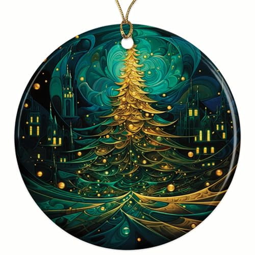 Whimsical Holiday Tree in Fantasy Landscape Christmas Ornament - Festive Holiday Decor - 2.8" Round - Gold String Included - UV Printed Design - Choose from Over 140 Designs - BMCO0401