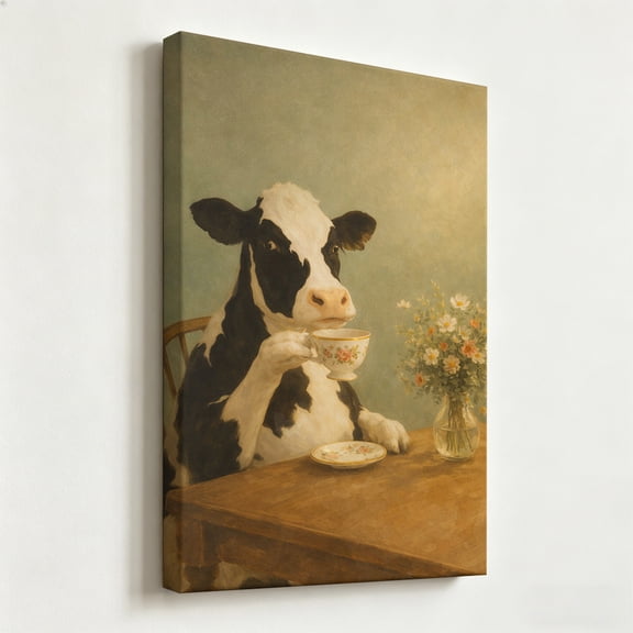 Whimsical Holstein Cow Drinking Tea Canvas Wall Art Cute Animal Portrait Painting Funny Cow Sitting at Wooden Table Poster Floral Bouquet Design Prints Cottagecore Kitchen Dining Room Wall Decor Canv