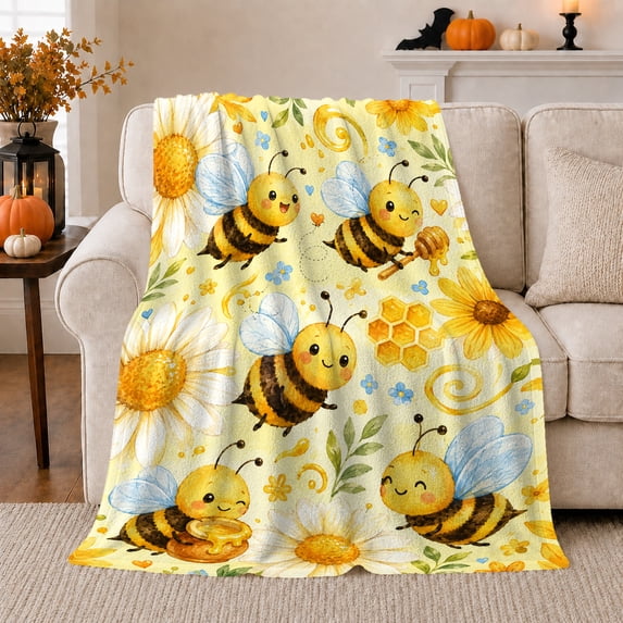 Whimsical Honeybee and Honeycomb Illustration on Pale Yellow Background, Soft Cozy Flannel Blanket for Bee Enthusiasts Birthday Gift, Charming Floral Accent for Bedroom and Living Room Home Decor