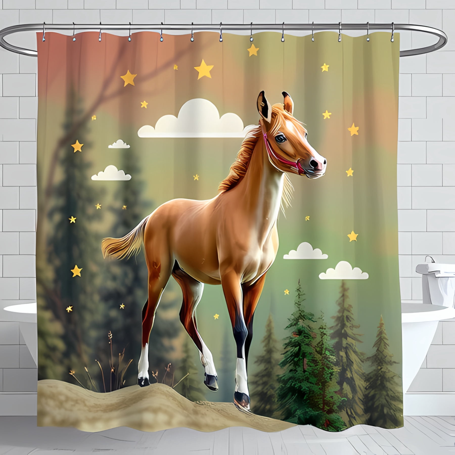 Whimsical Horse Shower Curtain - Brown Horse with White Markings on