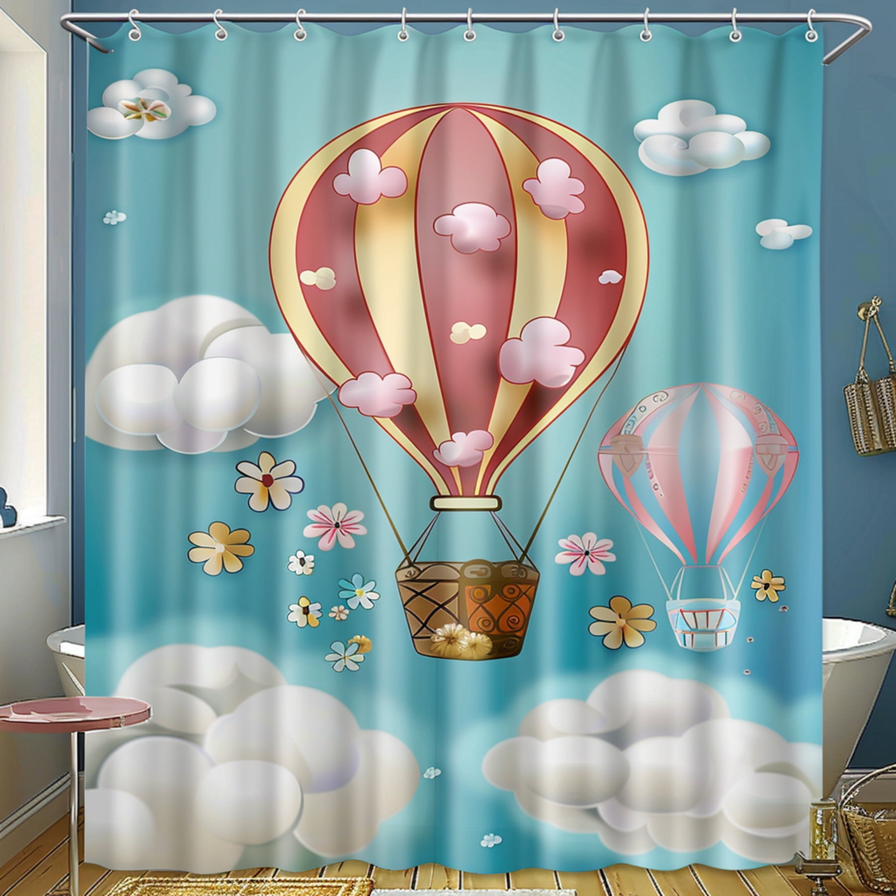 Whimsical Hot Air Balloon Shower Curtain Cartoon Style Bathroom Decor
