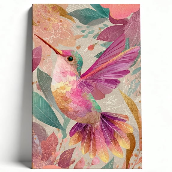 Whimsical Hummingbird Floral Framed Canvas Wall Art - Colorful Boho Botanical Bird Prints - Vibrant Nature-Inspired Decor for Living Room & Nursery 12*18inch(30*45cm)