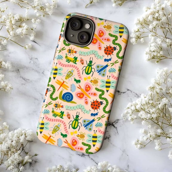 Whimsical Insect Garden Phone Case, Cute Cartoon Bugs and Worms iPhone Cover, Colorful Nature Pattern for iPhone 17 16 15 14 13 12 11 Plus Pro Max Mini