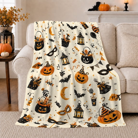 Whimsical Jack-O'-Lanterns Bats Playful Sketchy Illustration, Festive Halloween Scene, Warm Flannel Blanket for Living Room and Reading Nook, Art Lovers Halloween Gift, Festive Home Decor