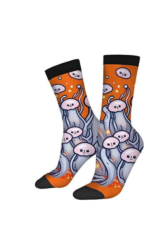Whimsical Jellyfish Pattern Socks (2 Pairs) - Vibrant Orange Background Cartoon Characters Unisex Trendy Mixed Color Socks for All Seasons