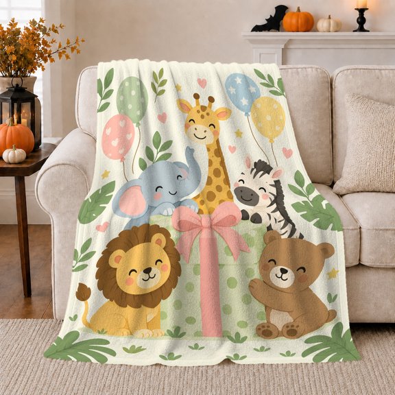 Whimsical Jungle Animal Birthday Party, Playful Woodland Scene, Warm Flannel Blanket for Cabin and Lodge, Wildlife Lovers Valentine's Day Gift, Playful Home Decor