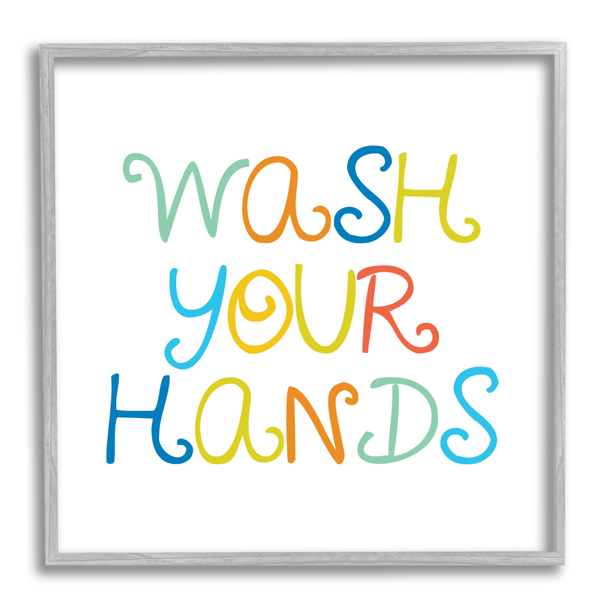 Whimsical Kids Bathroom Phrase Wash Your Hands Rules Typography Framed Art Print Wall Art, 17x17