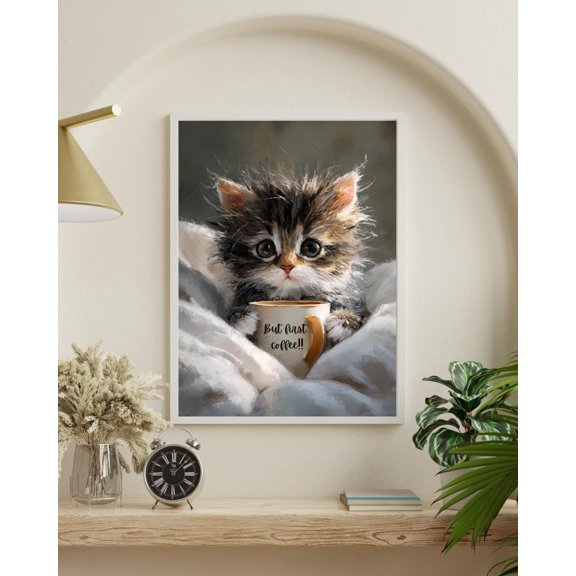 Whimsical Kitten Coffee Art Style Print Poster Decor, Unframed Poster Size 8x12 F03.1.22l357