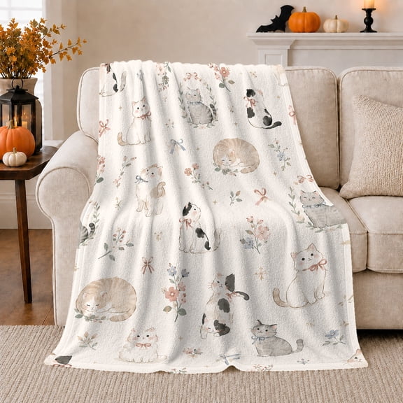 Whimsical Kitten Portrait Art Gentle, Peaceful Pet Portrait Pattern, Warm Flannel Blanket for Living Room and Bedroom, Cat Lovers Just Because Gift, Pet Lover Home Decor
