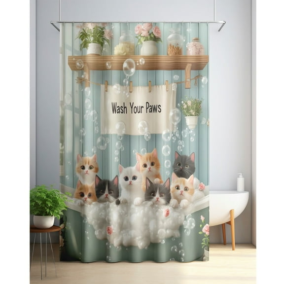Whimsical Kitten Shower Curtain - Playful polyester fabric, vintage clawfoot bathtub design with bubbles and pink roses, includes 12 hooks, adorable cat lover bathroom decor, fun shower curtain