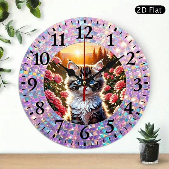 Whimsical Kitten Wall Clock with Pink Roses and Iridescent Mosaic Border, Decorative Digital Illustration Round Wall Clock for Home Decor, 10x10 Inch, 1pc, Battery Not Included