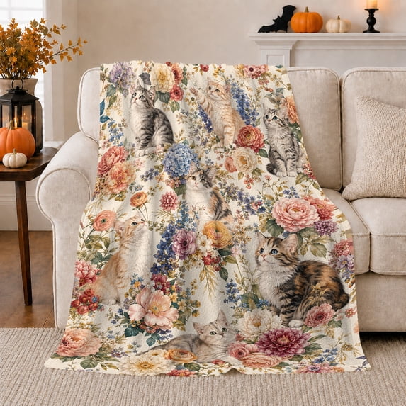 Whimsical Kittens Among Lush Peonies Blue Blossoms Cottagecore, Playful Pet Portrait Pattern, Warm Flannel Blanket for Living Room and Bedroom, Cat Lovers Just Because Gift, Pet Lover Home Decor