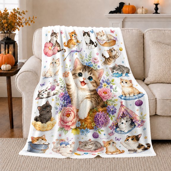 Whimsical Kittens Flower Basket Watercolor Design Cute Cat, Playful Pet Portrait Pattern, Warm Flannel Blanket for Living Room and Reading Nook, Cat Lovers Friendship Gift, Pet Lover Home Decor