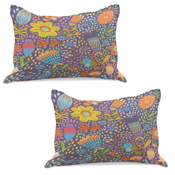 Whimsical Knitted Quilt Pillowcover Set of 2, Colorful Spotty Pattern with Lively Blossoms Singing Happy Birds Fantasy, Standard Queen Pillow Sham Bedroom, 30" x 20", Multicolor, by Ambesonne